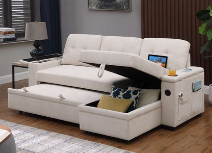 Lilola Home - Ashlyn II 84inW Beige Woven Fabric Reversible Sleeper Sectional Sofa with Storage Chaise, Storage Arm, Cup Holder, Charging Ports, and Pockets - 81447 veiw 6