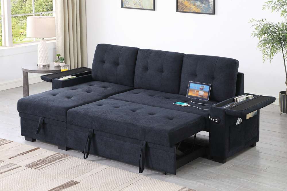 Lilola Home - Ashlyn II 84inW Dark Gray Woven Fabric Reversible Sleeper Sectional Sofa with Storage Chaise, Storage Arm, Cup Holder, Charging Ports, and Pockets - 81445 veiw 5