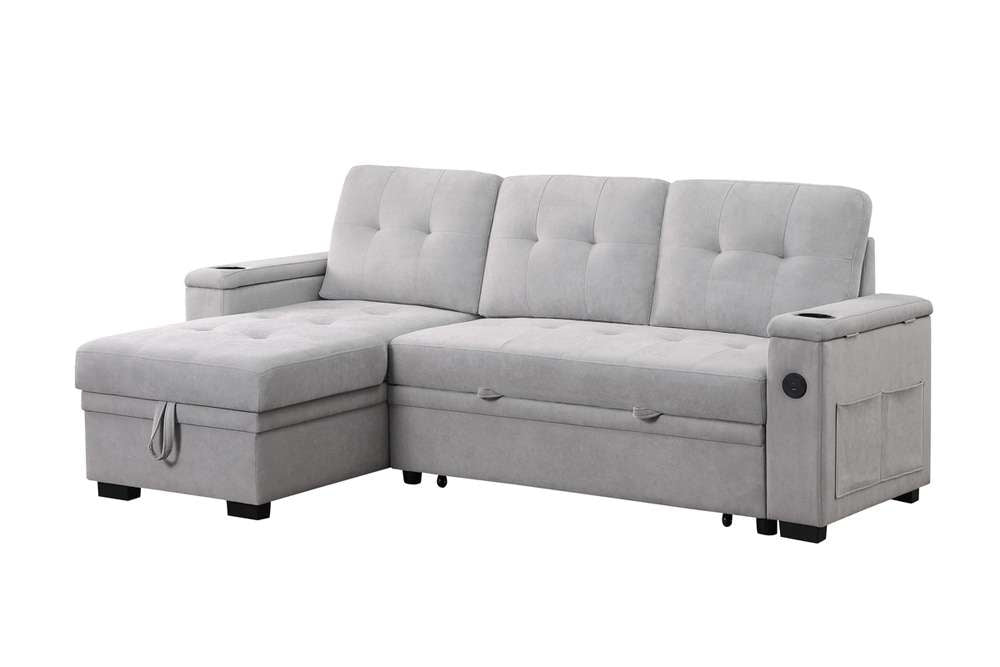 Lilola Home - Ashlyn II 84inW Gray Woven Fabric Reversible Sleeper Sectional Sofa with Storage Chaise, Storage Arm, Cup Holder, Charging Ports, and Pockets - 81446 veiw 1
