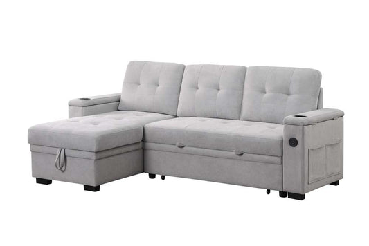 Lilola Home - Ashlyn II 84inW Gray Woven Fabric Reversible Sleeper Sectional Sofa with Storage Chaise, Storage Arm, Cup Holder, Charging Ports, and Pockets - 81446 veiw 1