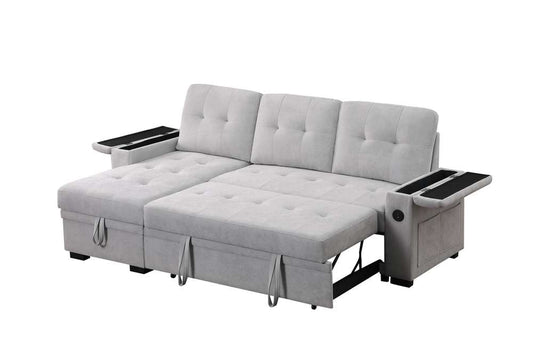 Lilola Home - Ashlyn II 84inW Gray Woven Fabric Reversible Sleeper Sectional Sofa with Storage Chaise, Storage Arm, Cup Holder, Charging Ports, and Pockets - 81446 veiw 2