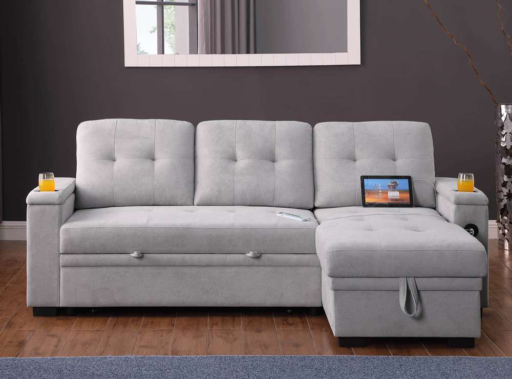 Lilola Home - Ashlyn II 84inW Gray Woven Fabric Reversible Sleeper Sectional Sofa with Storage Chaise, Storage Arm, Cup Holder, Charging Ports, and Pockets - 81446 veiw 4