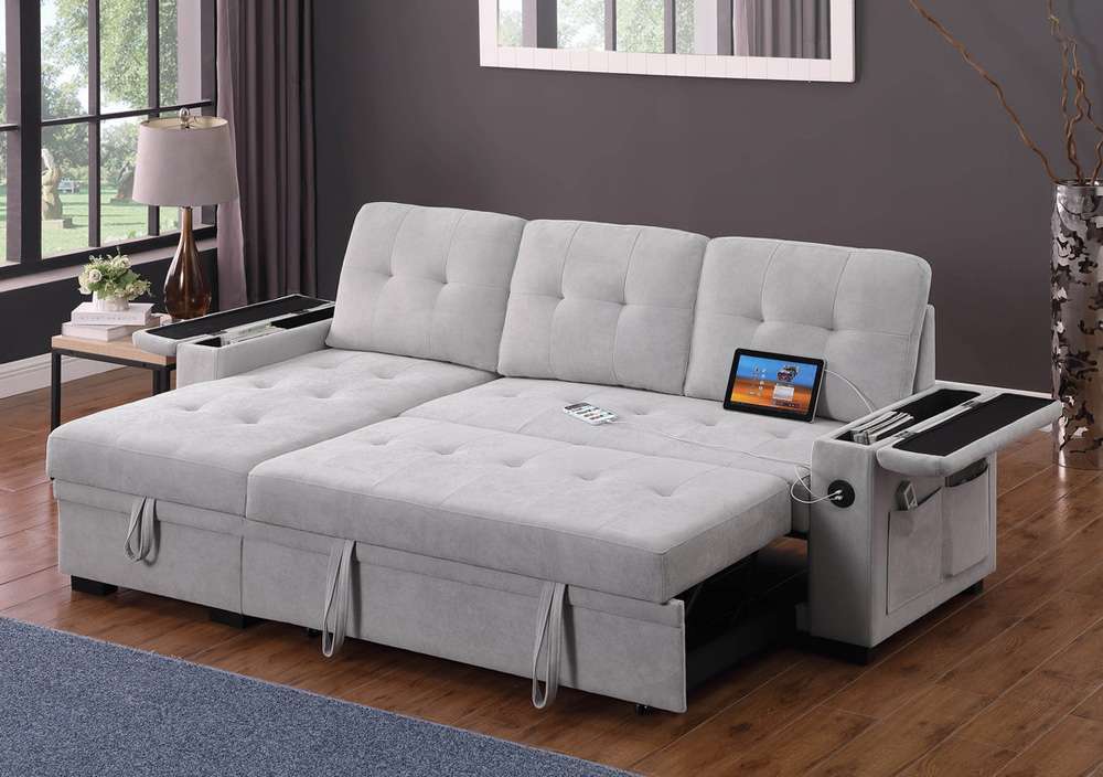 Lilola Home - Ashlyn II 84inW Gray Woven Fabric Reversible Sleeper Sectional Sofa with Storage Chaise, Storage Arm, Cup Holder, Charging Ports, and Pockets - 81446 veiw 5