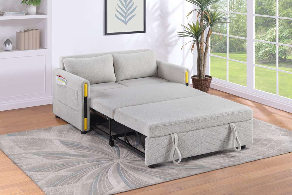 Lilola Home - Percy Beige Teddy Velvet Sleeper Loveseat with Side Pockets - 81356 veiw 3