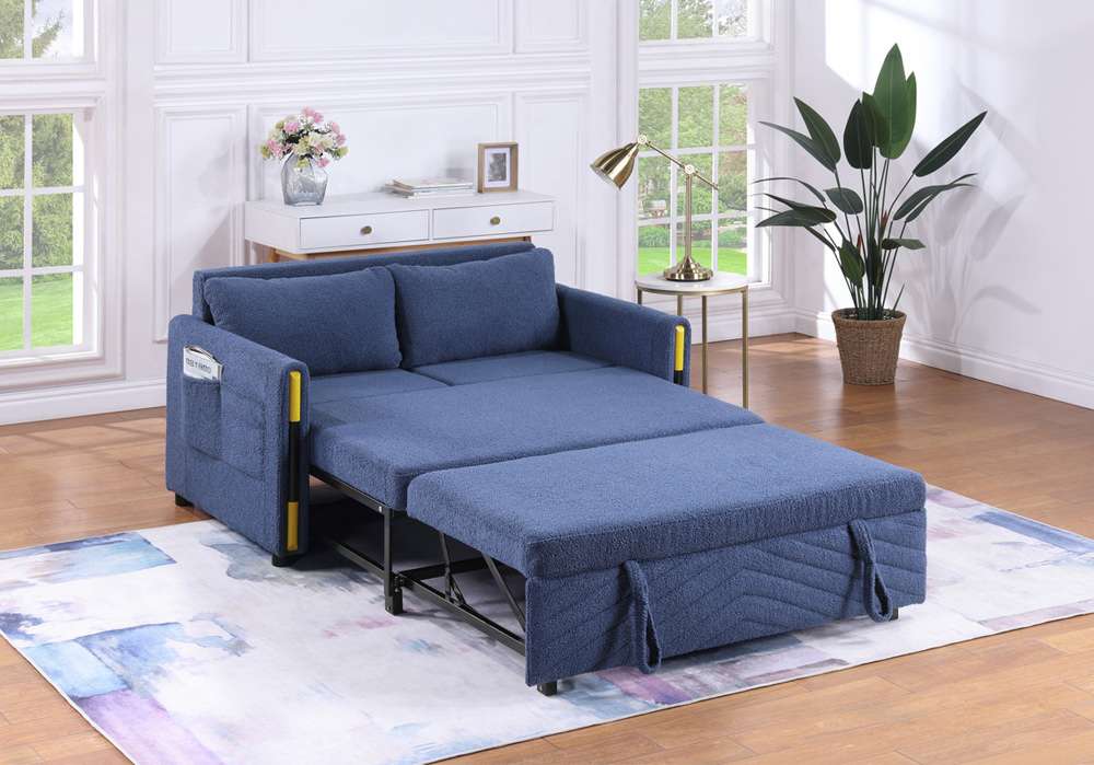 Lilola Home - Percy Navy Teddy Velvet Sleeper Loveseat with Side Pockets - 81357 veiw 3