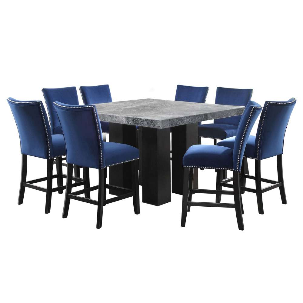 Steve Silver - Camila Square 9PC Counter Set Blue Chair - Gray Table Top - CM540-C9PC-GB veiw 1