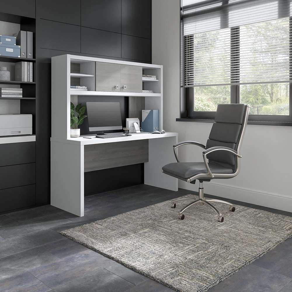 Bush Business Furniture - Echo 60W Credenza Desk with Hutch in Pure White and Modern Gray - ECH030WHMG veiw 2