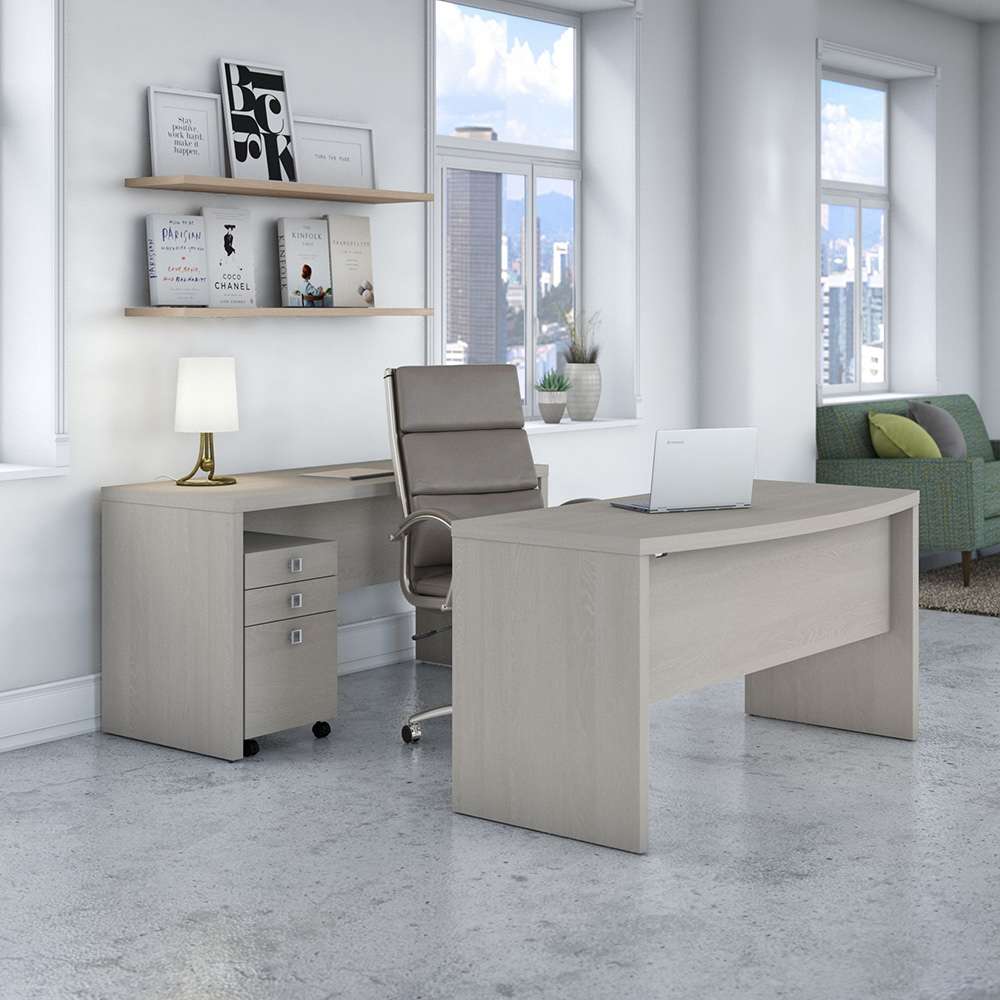 Bush Business Furniture - Echo Bow Front Desk and Credenza with Mobile File Cabinet in Gray Sand - ECH010GS veiw 2