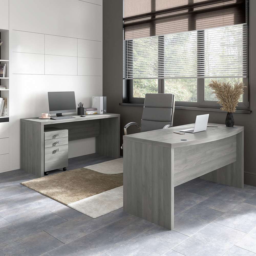 Bush Business Furniture - Echo Bow Front Desk and Credenza with Mobile File Cabinet in Modern Gray - ECH010MG veiw 2