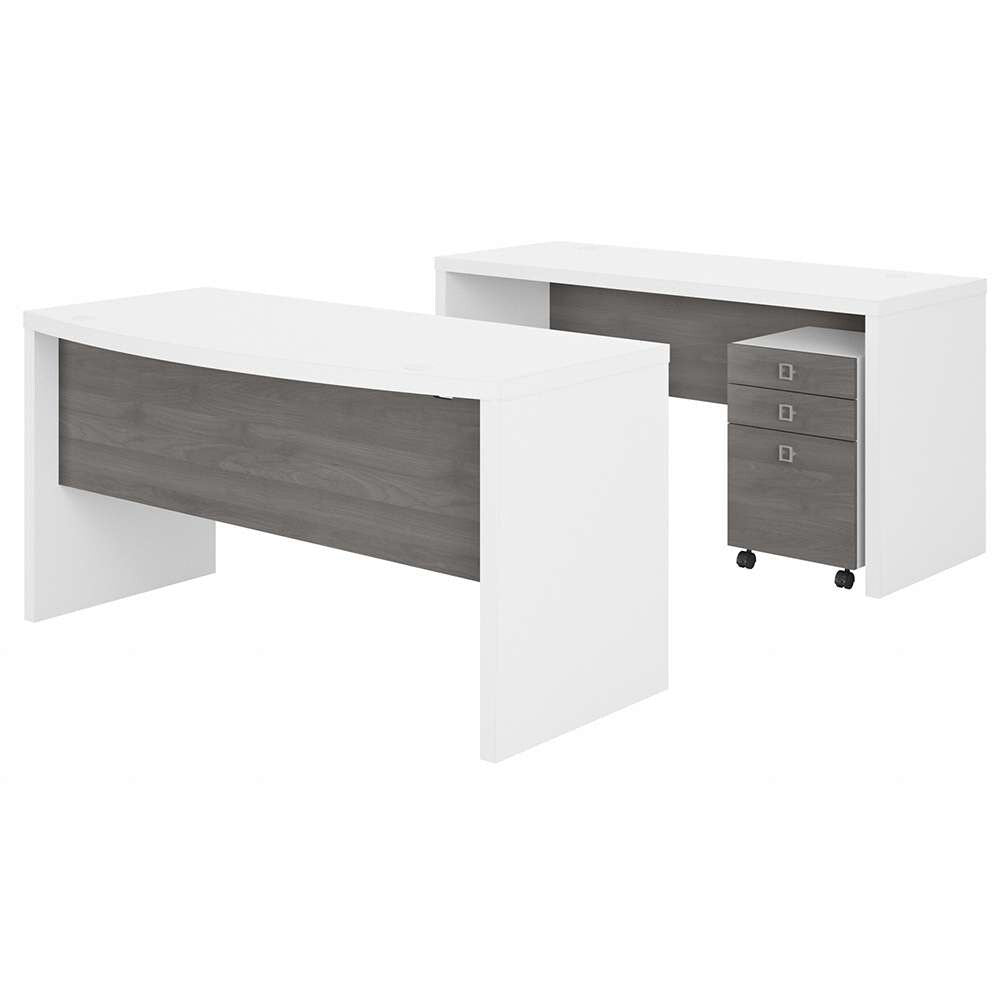 Bush Business Furniture - Echo Bow Front Desk and Credenza with Mobile File Cabinet in Pure White and Modern Gray - ECH010WHMG veiw 1