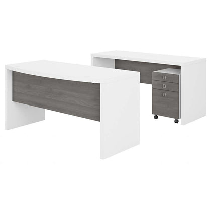 Bush Business Furniture - Echo Bow Front Desk and Credenza with Mobile File Cabinet in Pure White and Modern Gray - ECH010WHMG veiw 1