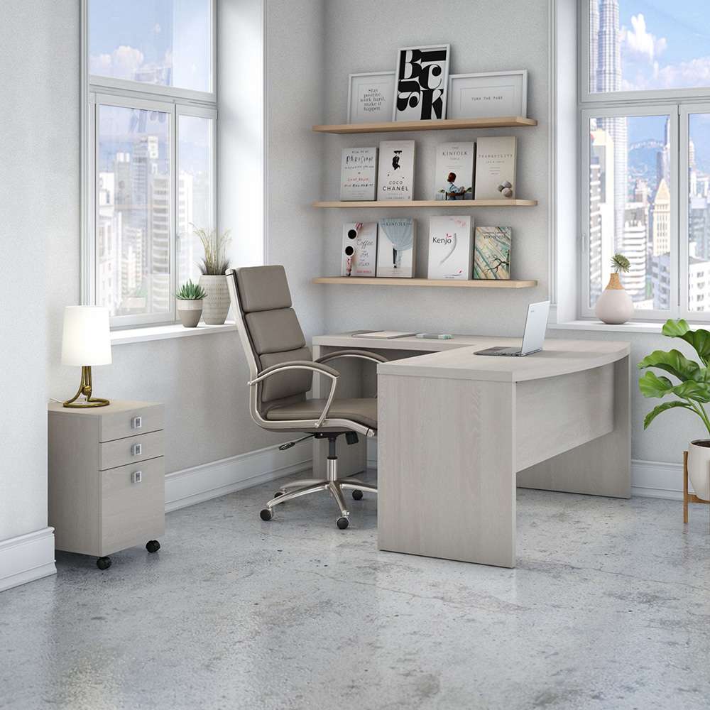 Bush Business Furniture - Echo L Shaped Bow Front Desk with Mobile File Cabinet in Gray Sand - ECH007GS veiw 2