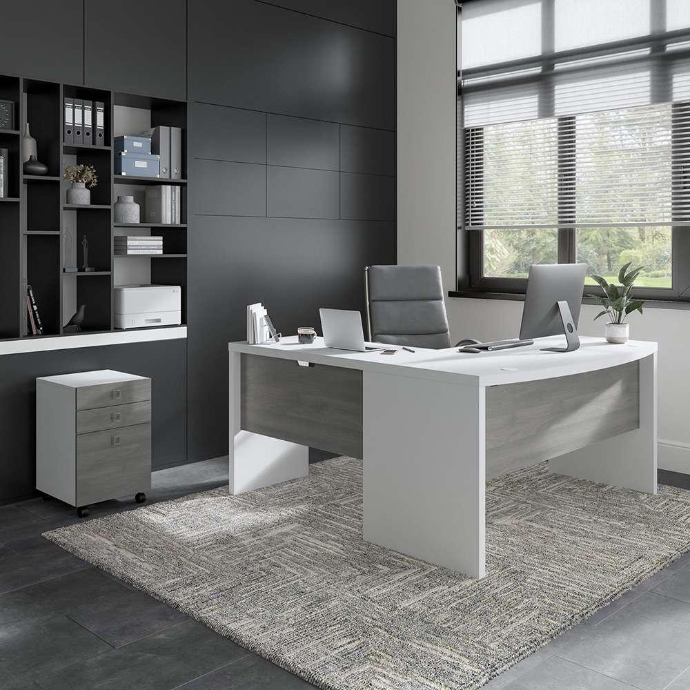 Bush Business Furniture - Echo L Shaped Bow Front Desk with Mobile File Cabinet in Pure White and Modern Gray - ECH007WHMG veiw 2