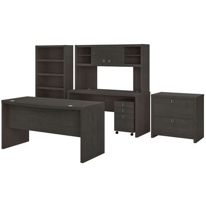 Bush Business Furniture - Echo Bow Front Desk, Credenza with Hutch, Bookcase and File Cabinets in Charcoal Maple - ECH029CM veiw 1