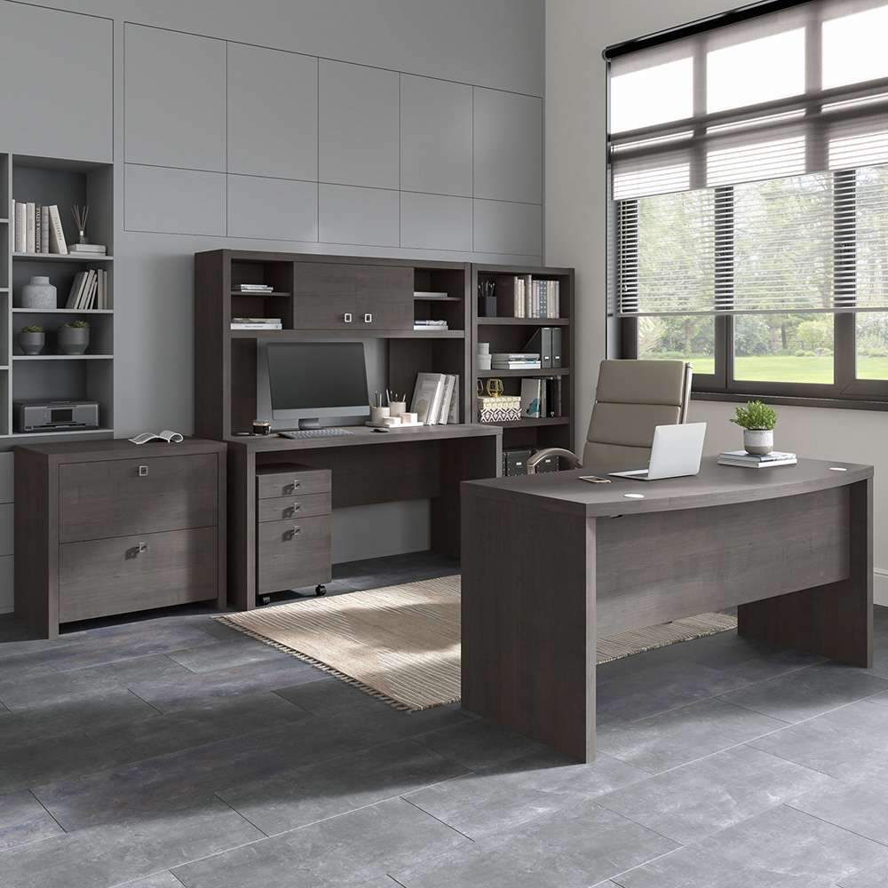 Bush Business Furniture - Echo Bow Front Desk, Credenza with Hutch, Bookcase and File Cabinets in Charcoal Maple - ECH029CM veiw 2