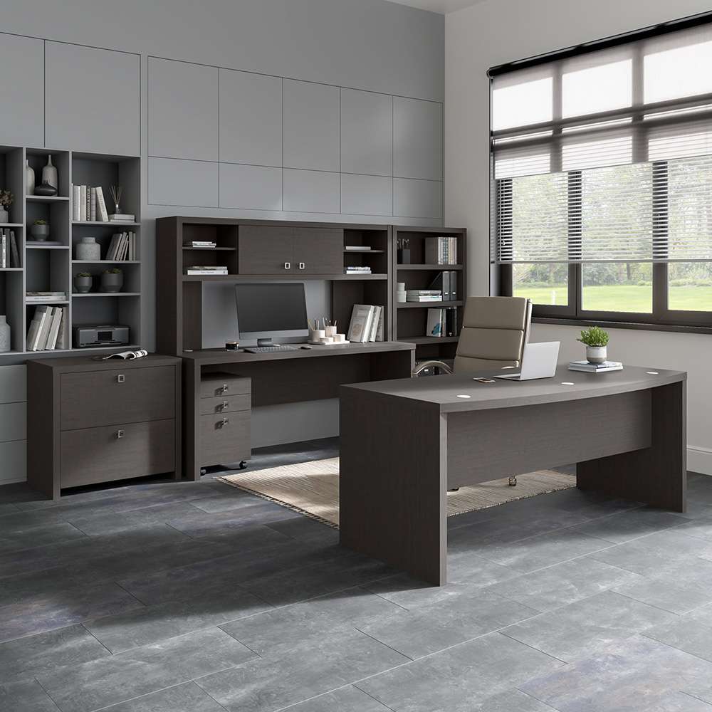 Bush Business Furniture - Echo Bow Front Desk, Credenza with Hutch, Bookcase and File Cabinets in Charcoal Maple - ECH029CM veiw 3