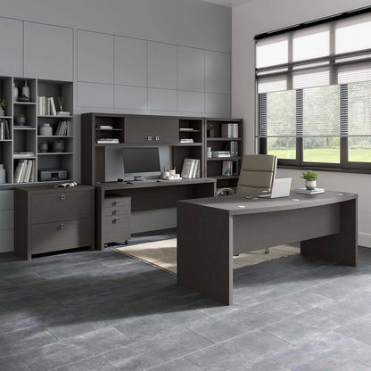 Bush Business Furniture - Echo Bow Front Desk, Credenza with Hutch, Bookcase and File Cabinets in Charcoal Maple - ECH029CM veiw 3