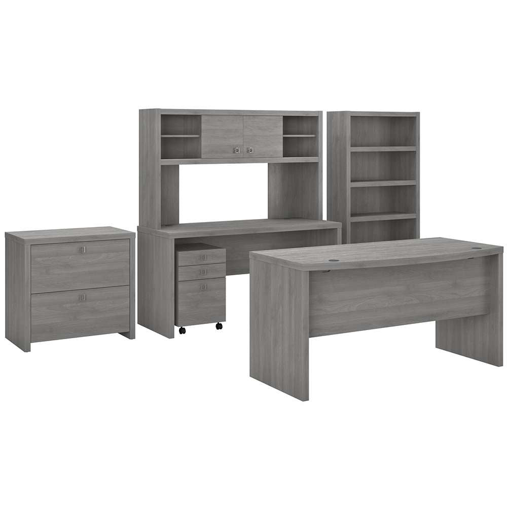 Bush Business Furniture - Echo Bow Front Desk, Credenza with Hutch, Bookcase and File Cabinets in Modern Gray - ECH029MG veiw 1