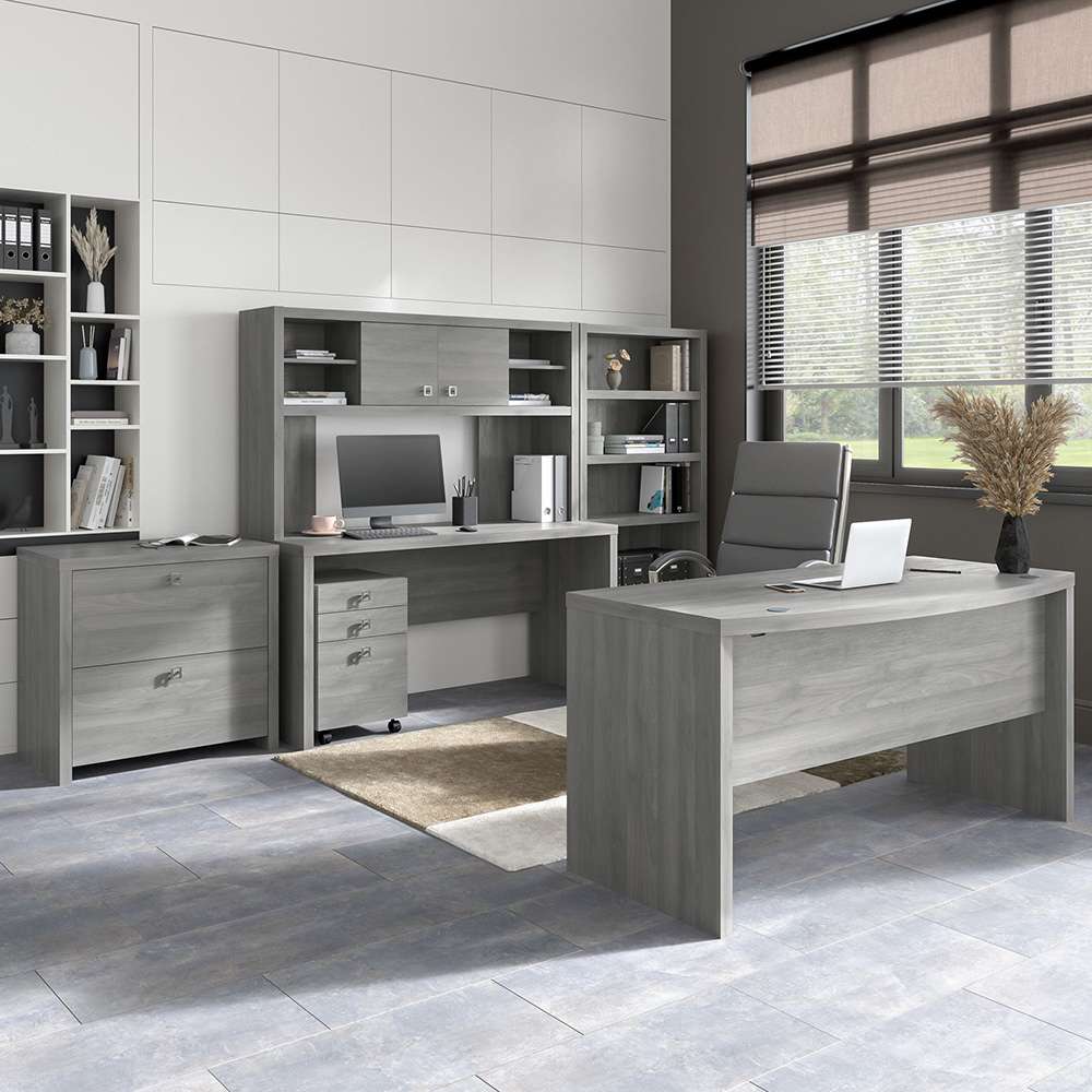 Bush Business Furniture - Echo Bow Front Desk, Credenza with Hutch, Bookcase and File Cabinets in Modern Gray - ECH029MG veiw 2