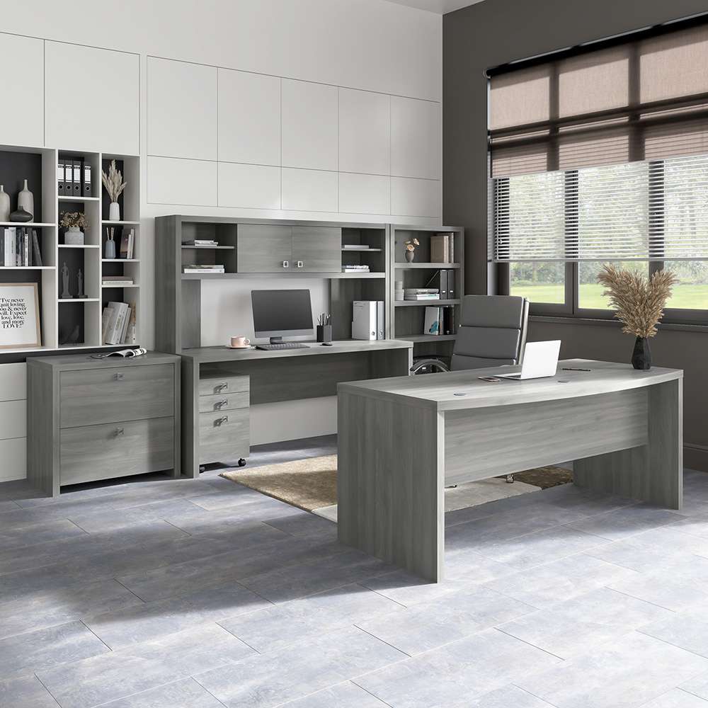 Bush Business Furniture - Echo Bow Front Desk, Credenza with Hutch, Bookcase and File Cabinets in Modern Gray - ECH029MG veiw 3