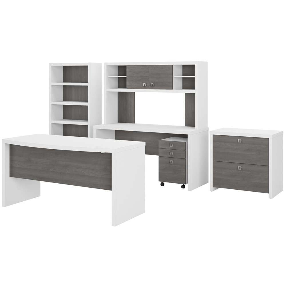 Bush Business Furniture - Echo Bow Front Desk, Credenza with Hutch, Bookcase and File Cabinets in Pure White and Modern Gray - ECH029WHMG veiw 1