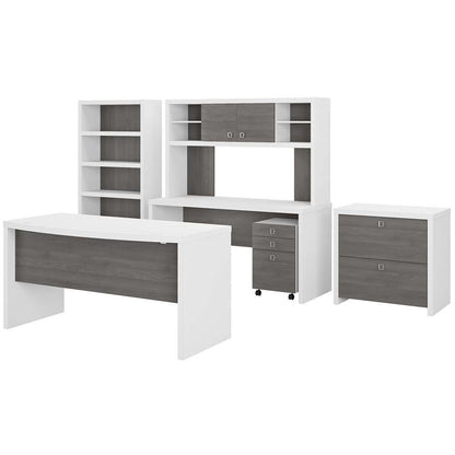 Bush Business Furniture - Echo Bow Front Desk, Credenza with Hutch, Bookcase and File Cabinets in Pure White and Modern Gray - ECH029WHMG veiw 1