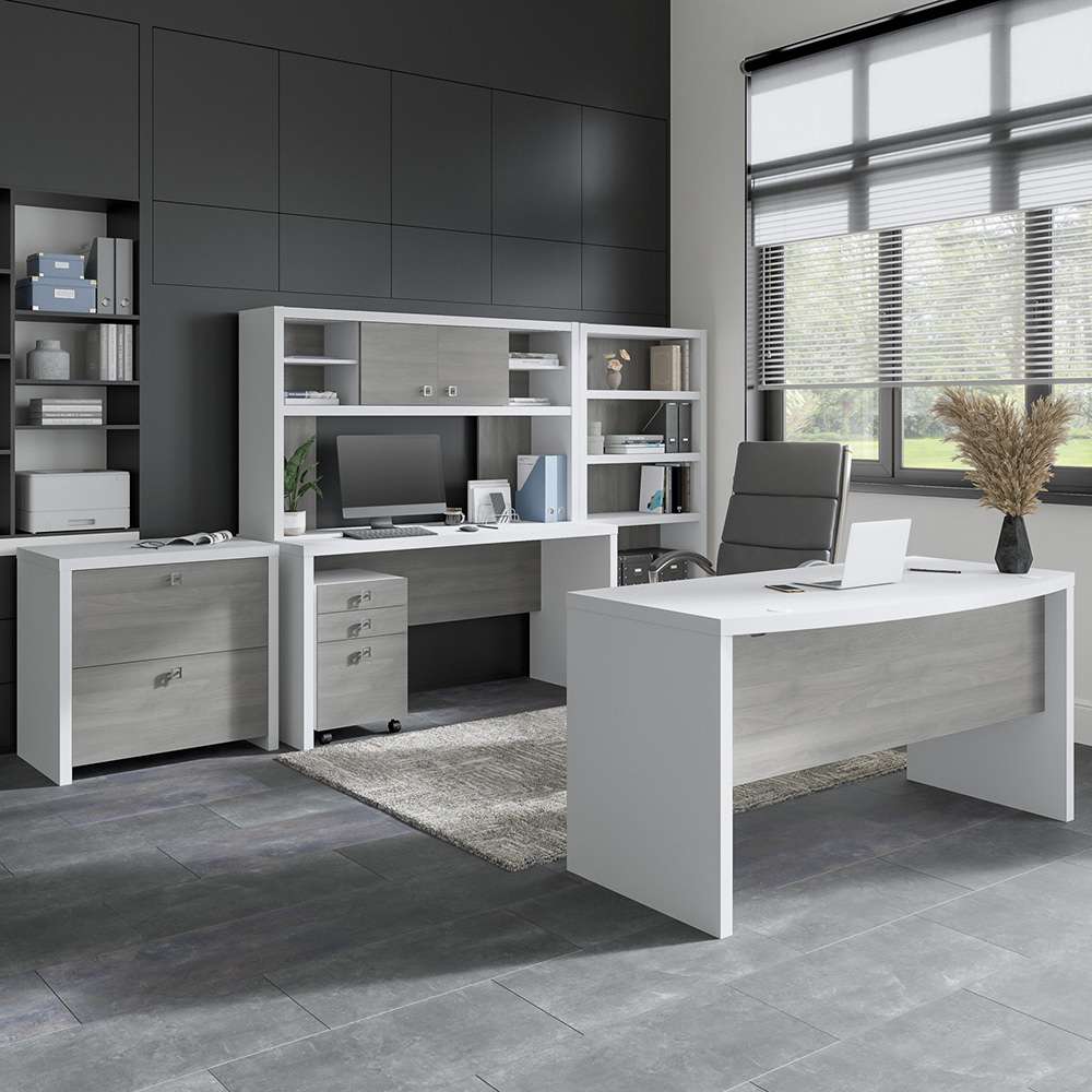 Bush Business Furniture - Echo Bow Front Desk, Credenza with Hutch, Bookcase and File Cabinets in Pure White and Modern Gray - ECH029WHMG veiw 2