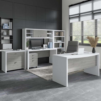 Bush Business Furniture - Echo Bow Front Desk, Credenza with Hutch, Bookcase and File Cabinets in Pure White and Modern Gray - ECH029WHMG veiw 2