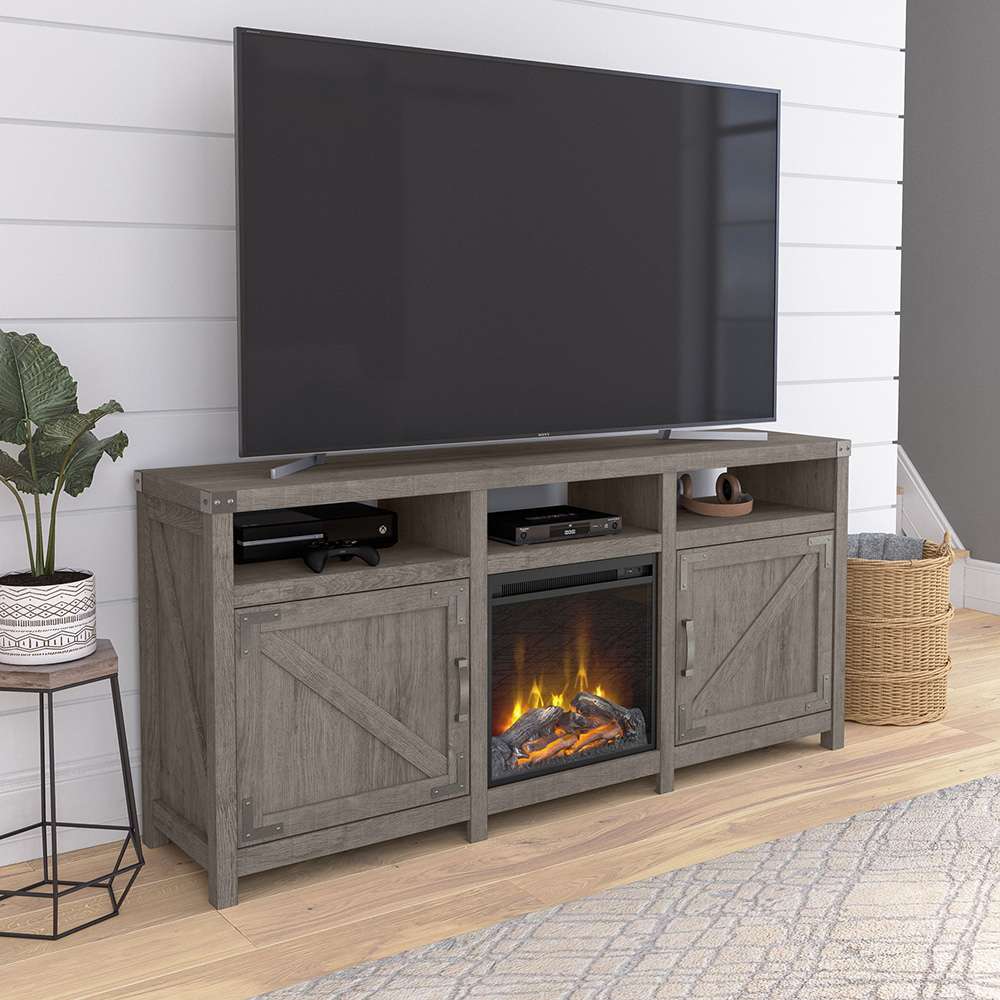 Bush Furniture - Cottage Grove 65W Electric Fireplace TV Stand for 70 Inch TV in Restored Gray - CGR019RTG veiw 3