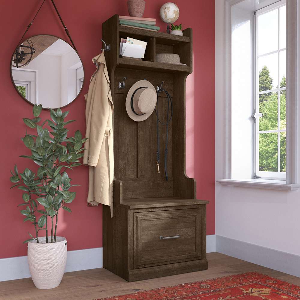 Bush Furniture - Woodland 24W Hall Tree and Small Shoe Bench with Drawer in Ash Brown - WDL007ABR veiw 2