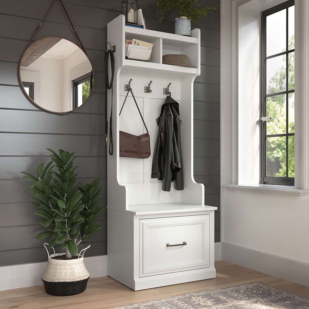Bush Furniture - Woodland 24W Hall Tree and Small Shoe Bench with Drawer in White Ash - WDL007WAS veiw 2