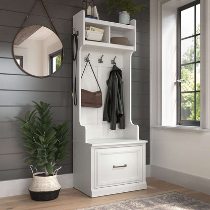 Bush Furniture - Woodland 24W Hall Tree and Small Shoe Bench with Drawer in White Ash - WDL007WAS veiw 2