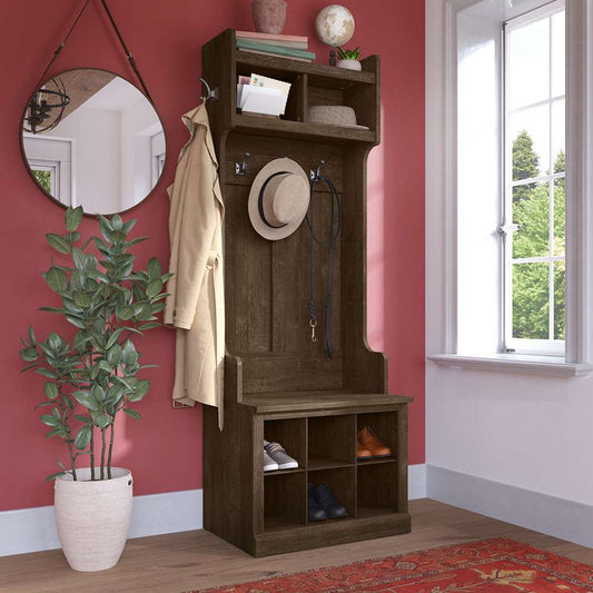 Bush Furniture - Woodland 24W Hall Tree and Small Shoe Bench with Shelves in Ash Brown - WDL008ABR veiw 2