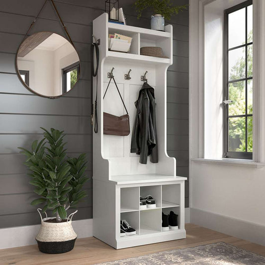 Bush Furniture - Woodland 24W Hall Tree and Small Shoe Bench with Shelves in White Ash - WDL008WAS veiw 2