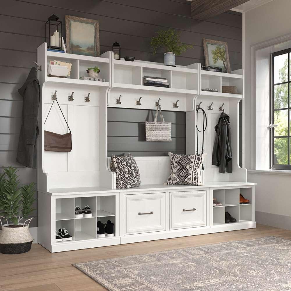 Bush Furniture - Woodland 24W Hall Tree and Small Shoe Bench with Shelves in White Ash - WDL008WAS veiw 3