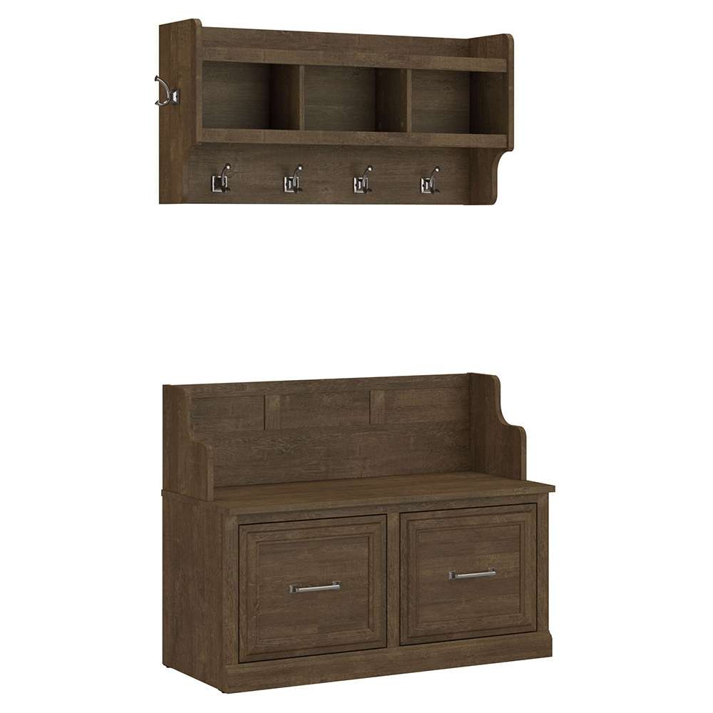 Bush Furniture - Woodland 40W Entryway Bench with Doors and Wall Mounted Coat Rack in Ash Brown - WDL009ABR veiw 1