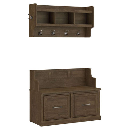 Bush Furniture - Woodland 40W Entryway Bench with Doors and Wall Mounted Coat Rack in Ash Brown - WDL009ABR veiw 1