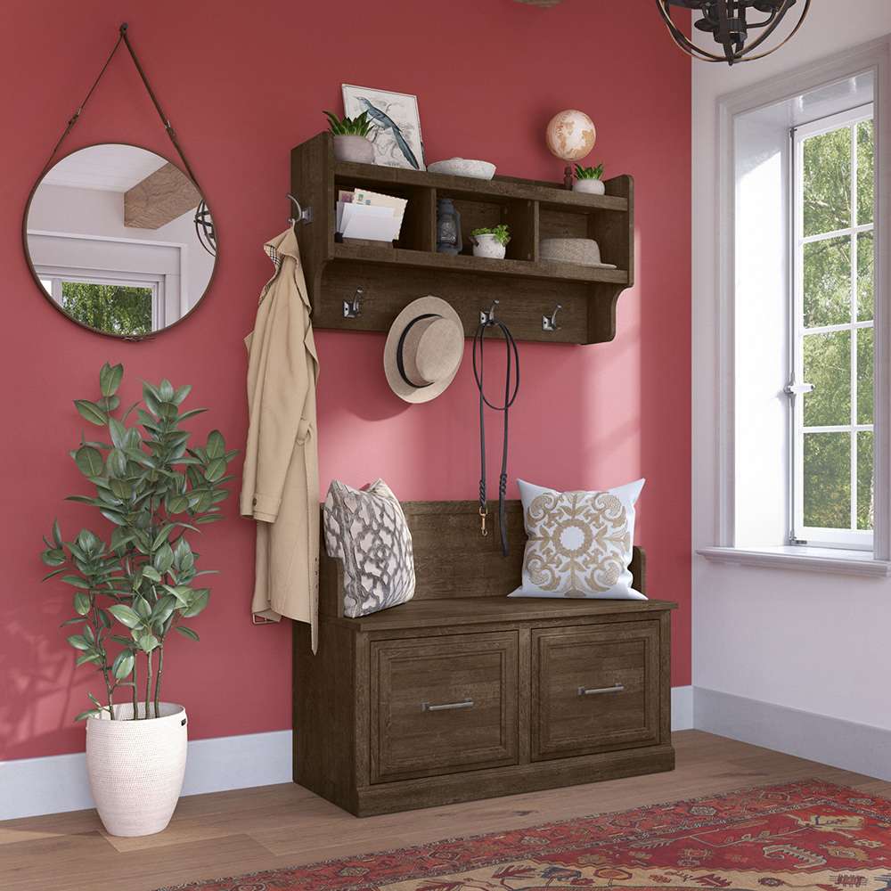 Bush Furniture - Woodland 40W Entryway Bench with Doors and Wall Mounted Coat Rack in Ash Brown - WDL009ABR veiw 2