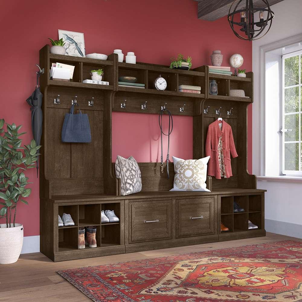 Bush Furniture - Woodland 40W Entryway Bench with Doors and Wall Mounted Coat Rack in Ash Brown - WDL009ABR veiw 3