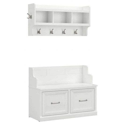 Bush Furniture - Woodland 40W Entryway Bench with Doors and Wall Mounted Coat Rack in White Ash - WDL009WAS veiw 1