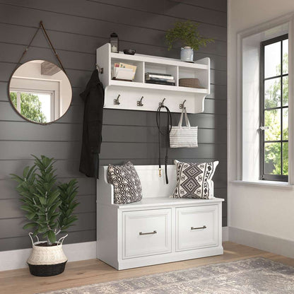 Bush Furniture - Woodland 40W Entryway Bench with Doors and Wall Mounted Coat Rack in White Ash - WDL009WAS veiw 2
