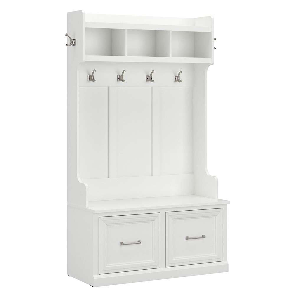 Bush Furniture - Woodland 40W Hall Tree and Shoe Storage Bench with Doors in White Ash - WDL001WAS veiw 1