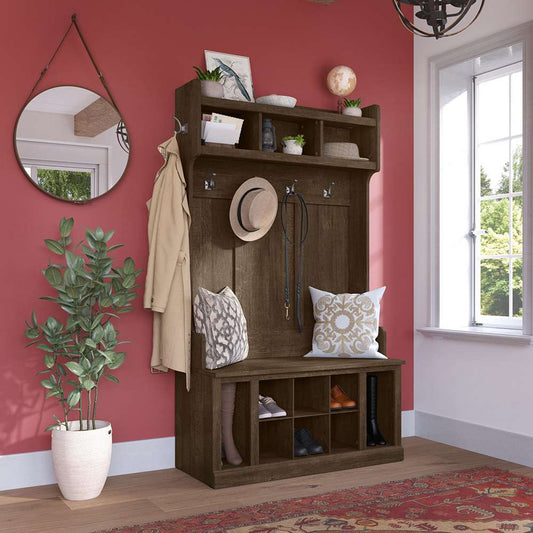 Bush Furniture - Woodland 40W Hall Tree and Shoe Storage Bench with Shelves in Ash Brown - WDL002ABR veiw 2