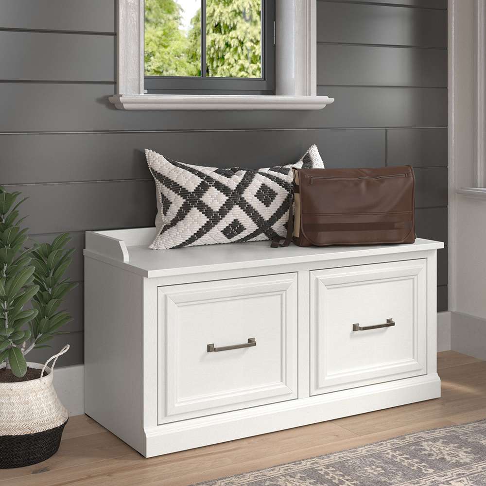 Bush Furniture - Woodland 40W Shoe Storage Bench with Doors in White Ash - WDS140WAS-03 veiw 3