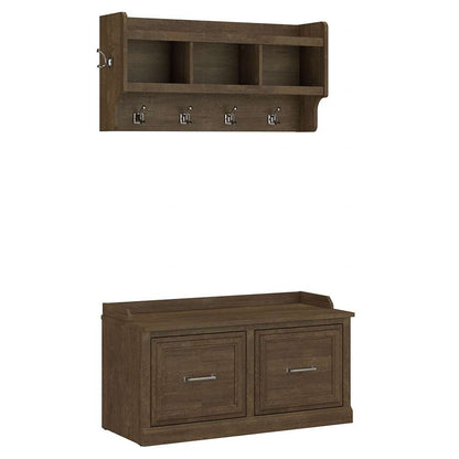 Bush Furniture - Woodland 40W Shoe Storage Bench with Doors and Wall Mounted Coat Rack in Ash Brown - WDL003ABR veiw 1