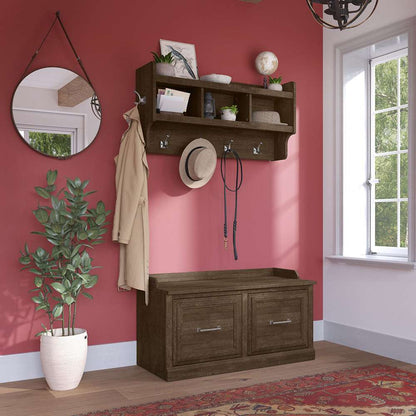 Bush Furniture - Woodland 40W Shoe Storage Bench with Doors and Wall Mounted Coat Rack in Ash Brown - WDL003ABR veiw 2