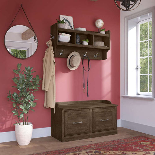 Bush Furniture - Woodland 40W Shoe Storage Bench with Doors and Wall Mounted Coat Rack in Ash Brown - WDL003ABR veiw 2