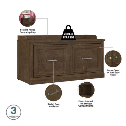 Bush Furniture - Woodland 40W Shoe Storage Bench with Doors and Wall Mounted Coat Rack in Ash Brown - WDL003ABR veiw 4