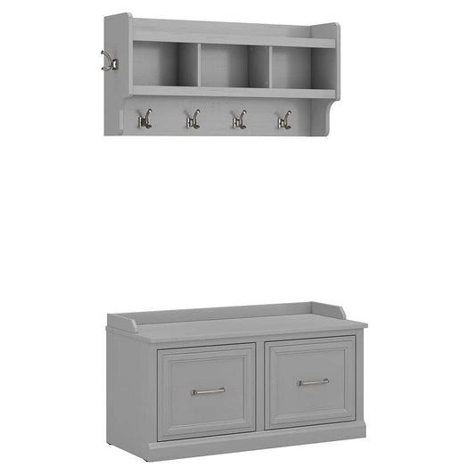 Bush Furniture - Woodland 40W Shoe Storage Bench with Doors and Wall Mounted Coat Rack in Cape Cod Gray - WDL003CG veiw 1
