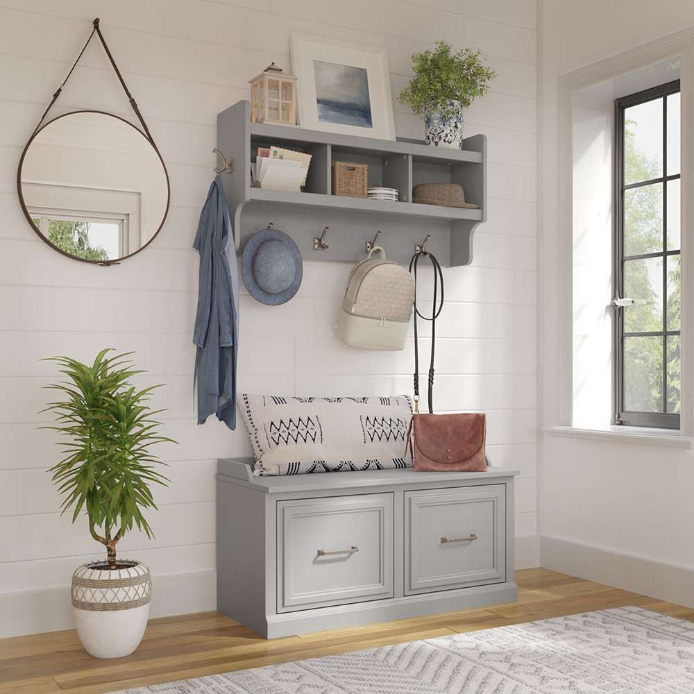 Bush Furniture - Woodland 40W Shoe Storage Bench with Doors and Wall Mounted Coat Rack in Cape Cod Gray - WDL003CG veiw 2
